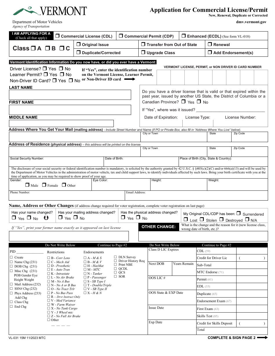 Form VL-031 Application for Commercial License / Permit - Vermont, Page 1