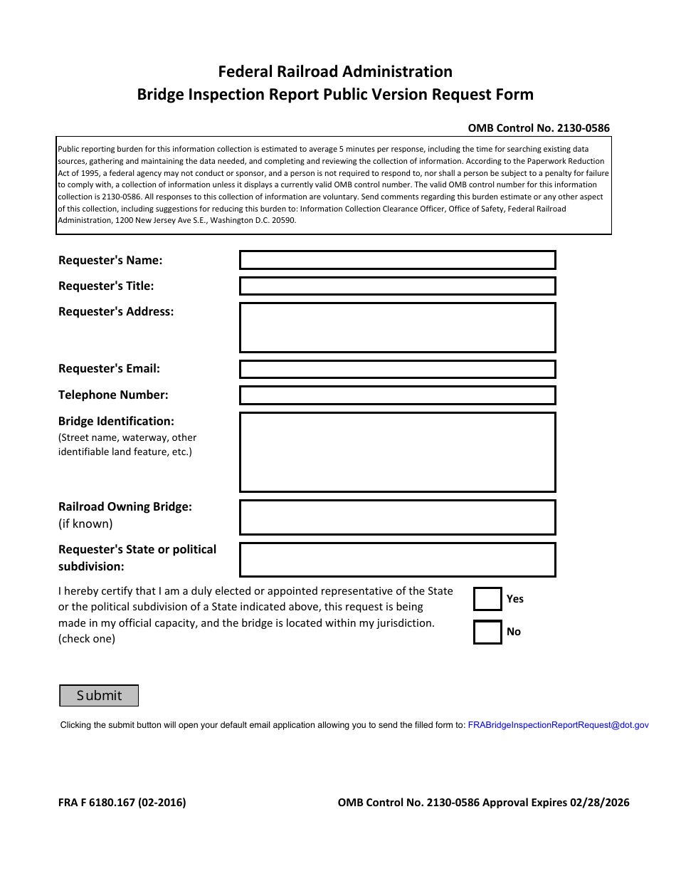 FRA Form 6180.167 Bridge Inspection Report Public Version Request Form, Page 1