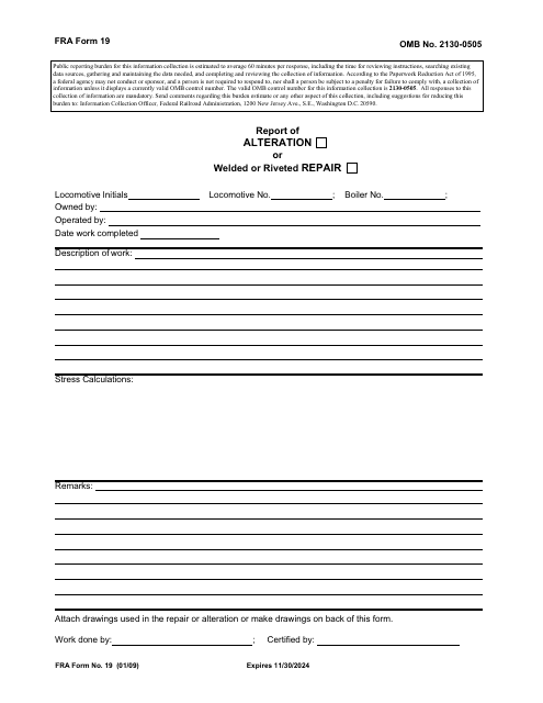 FRA Form 19 Report of Alteration or Welded or Riveted Repair