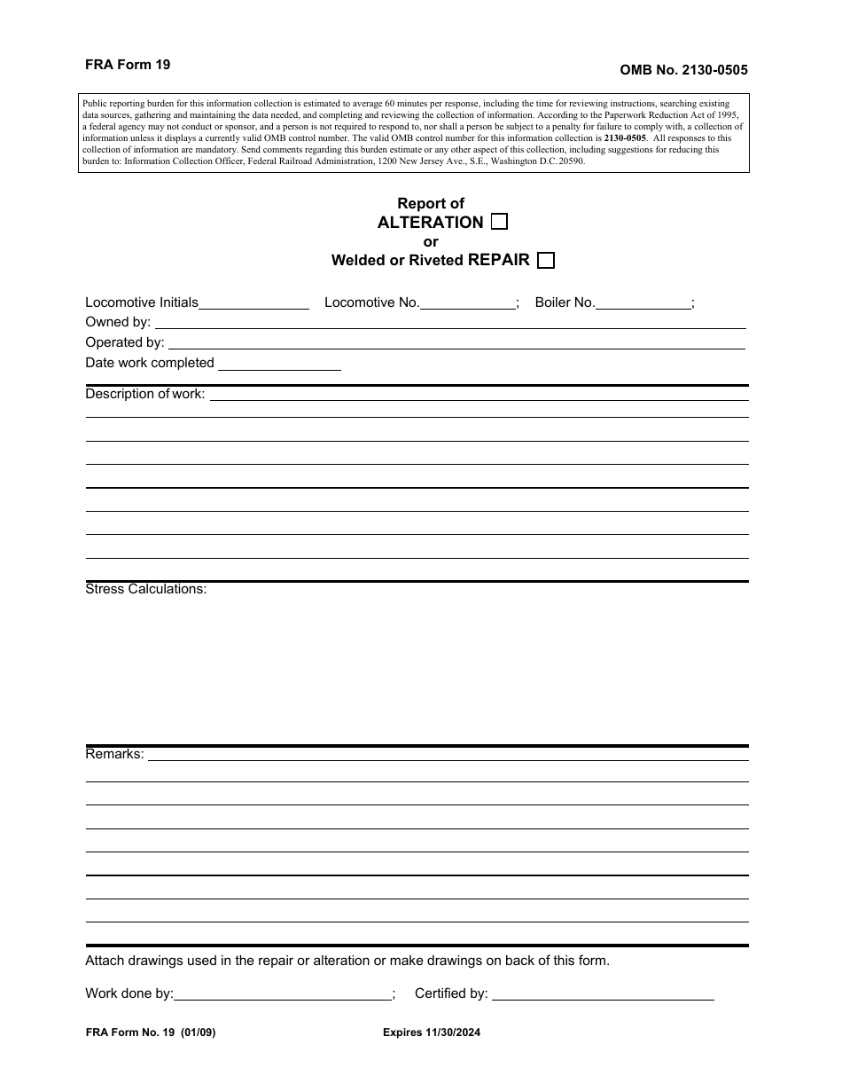 FRA Form 19 Report of Alteration or Welded or Riveted Repair, Page 1