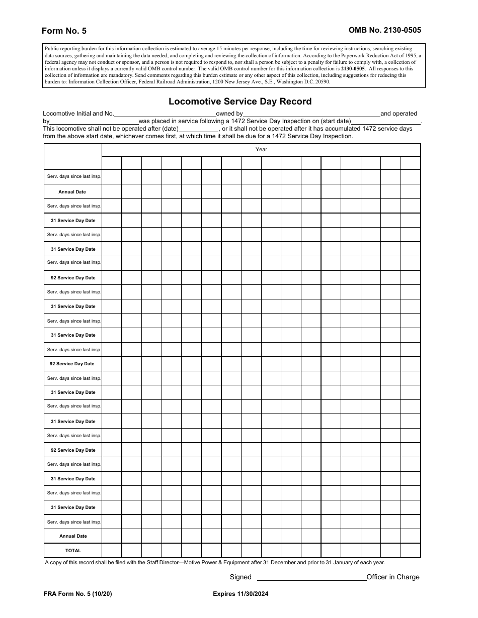 FRA Form 5 Locomotive Service Day Record, Page 1