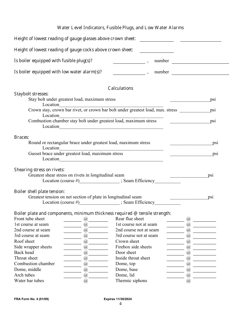 FRA Form 4 Boiler Specification Card, Page 4