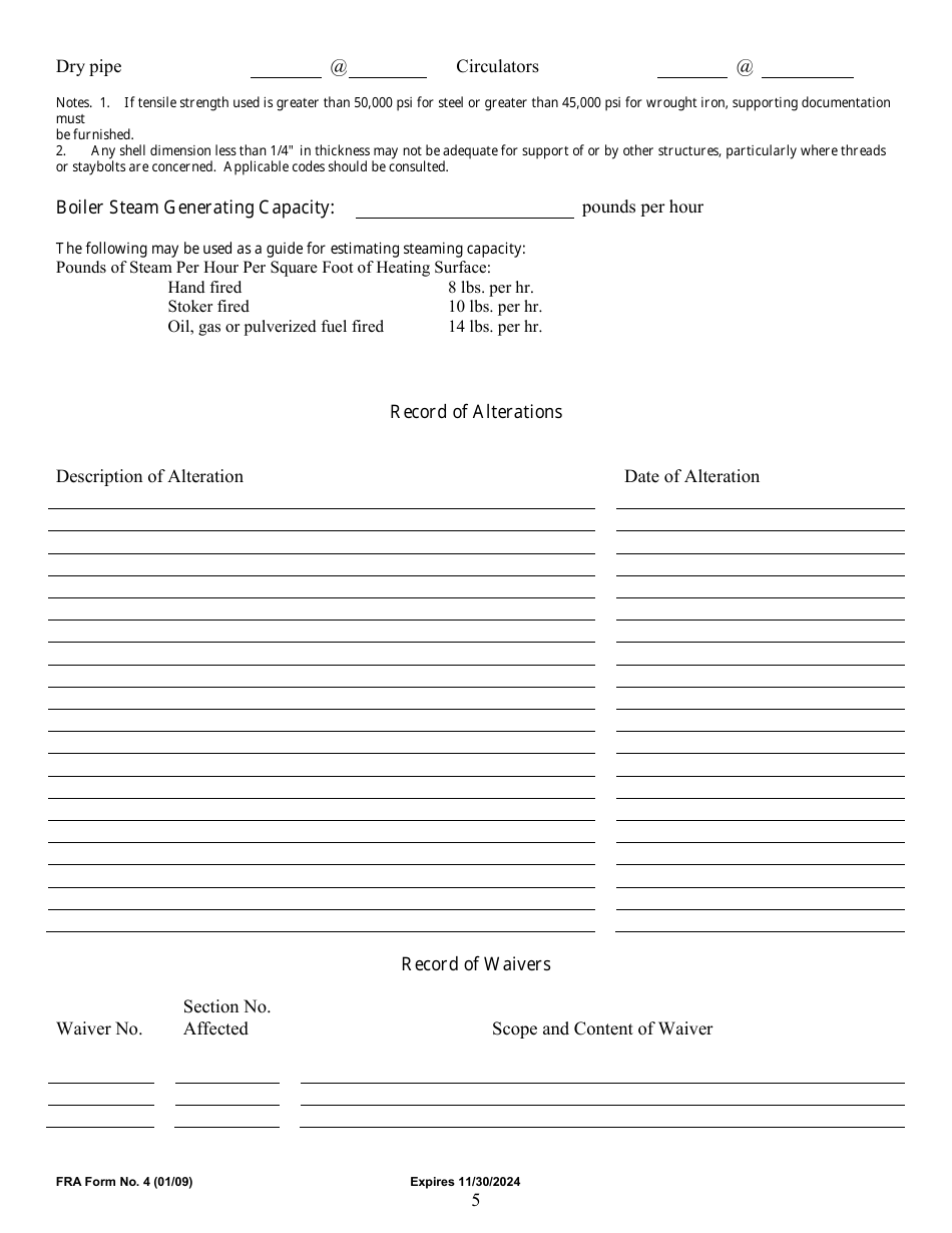 FRA Form 4 Boiler Specification Card, Page 5