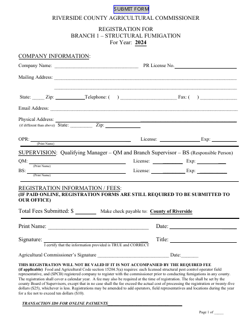 Registration for Branch 1 - Structural Fumigation - County of Riverside, California, 2024