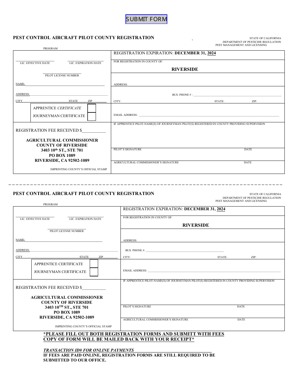 Pest Control Aircraft Pilot County Registration - County of Riverside, California, Page 1