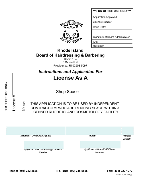 Application for License as a Shop Space - Rhode Island Download Pdf