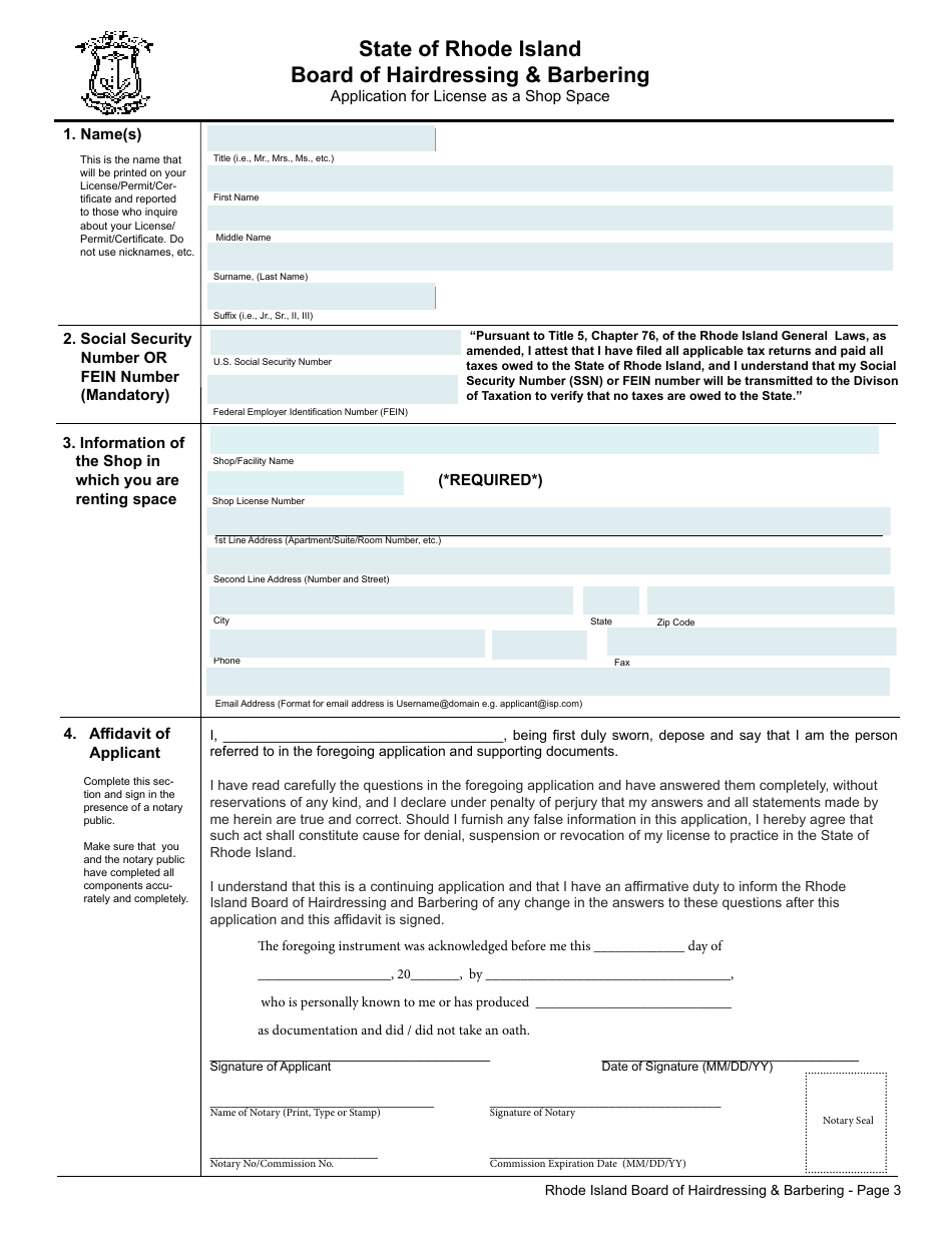 Application for License as a Shop Space - Rhode Island, Page 3