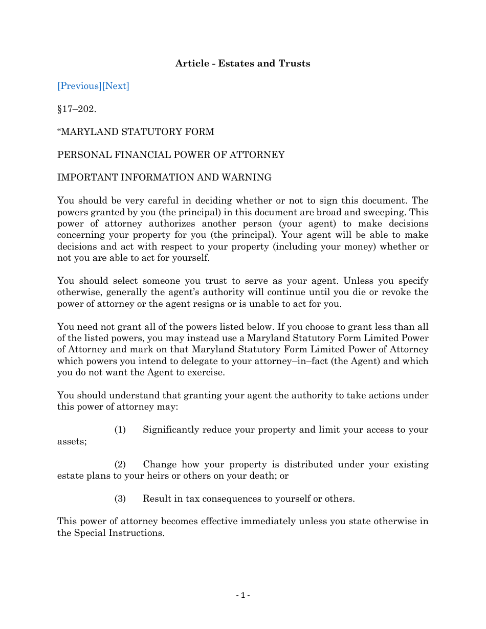 Maryland Personal Financial Power of Attorney Form - Maryland, Page 1