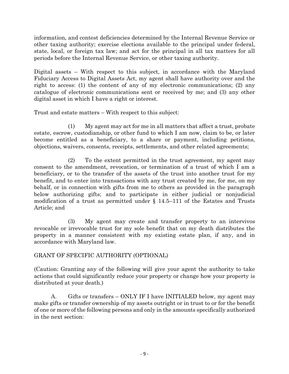 Maryland Personal Financial Power of Attorney Form - Maryland, Page 9