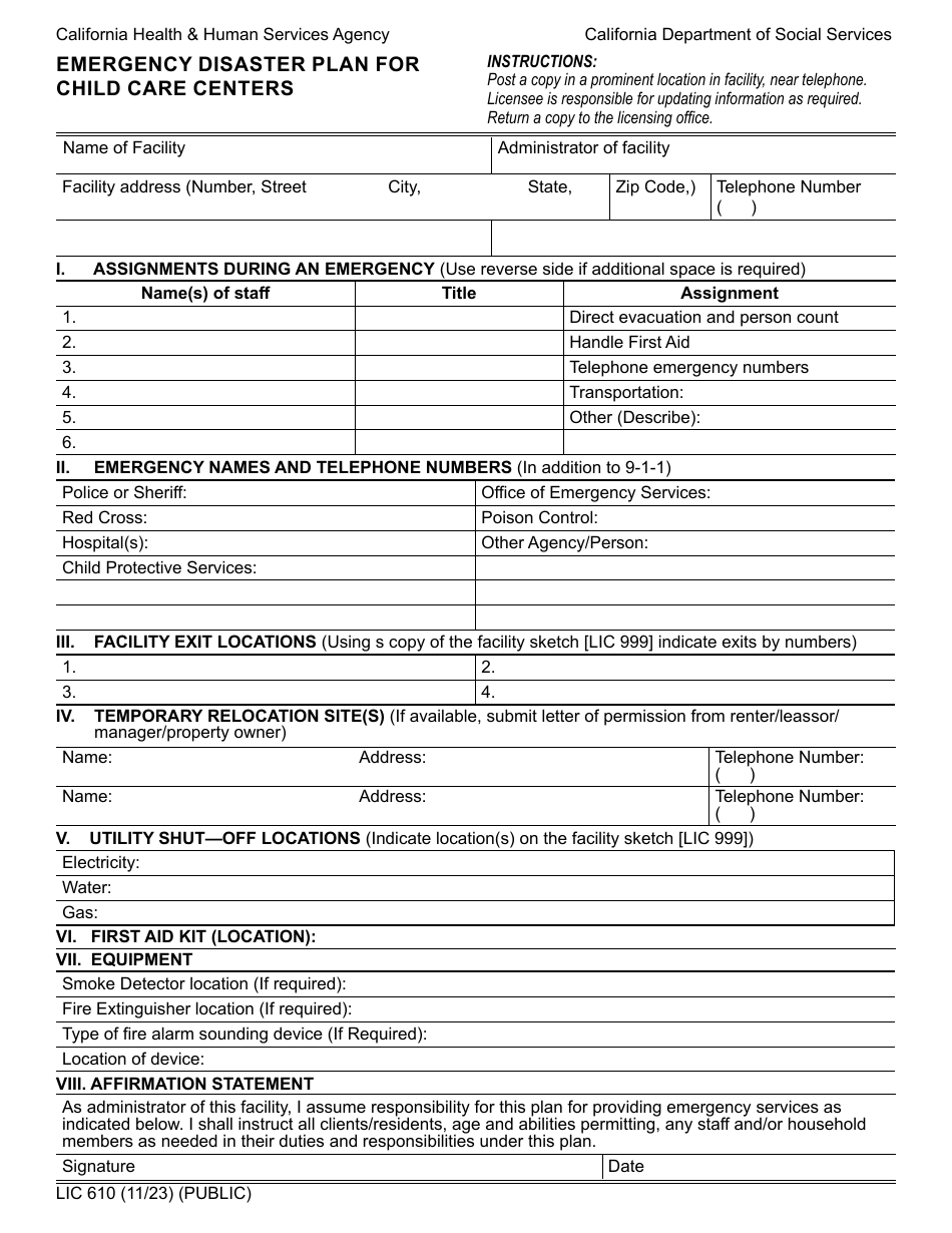 Form LIC610 Download Fillable PDF Or Fill Online Emergency Disaster ...