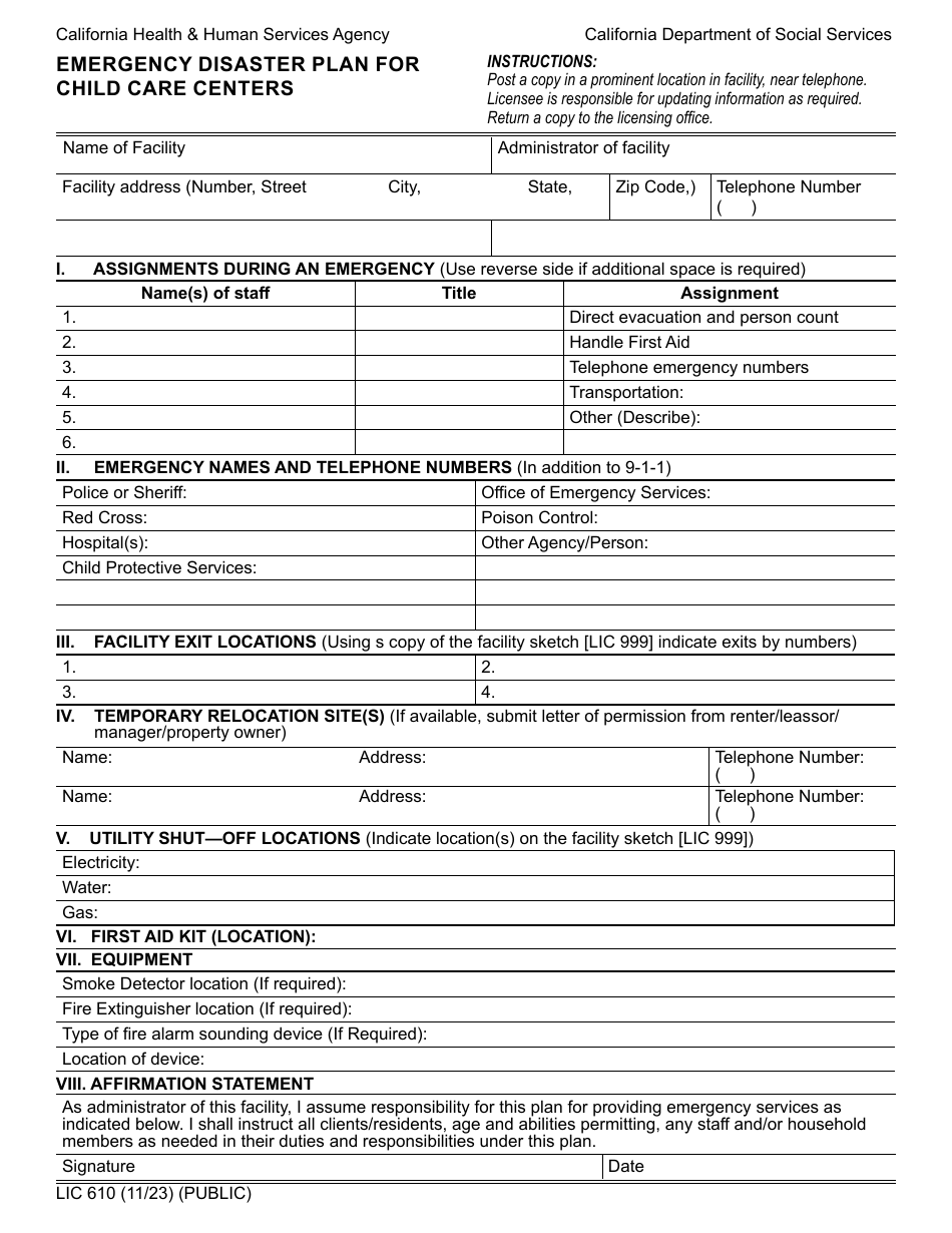 Form LIC610 Emergency Disaster Plan for Child Care Centers - California, Page 1