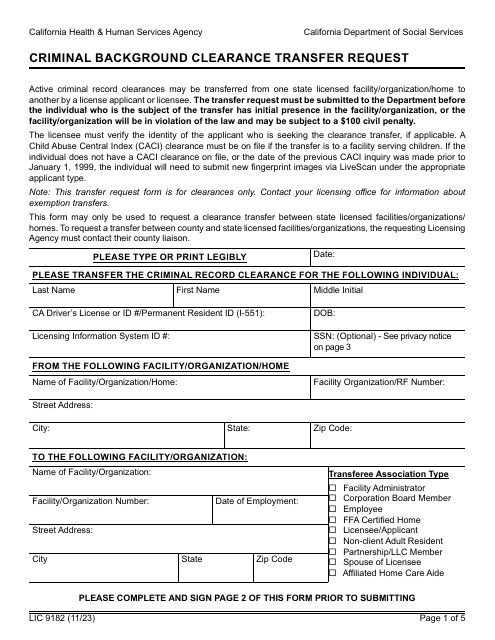 Form LIC9182 Criminal Background Clearance Transfer Request - California