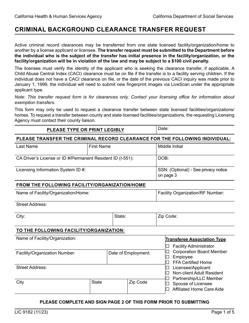 Form LIC9182 Criminal Background Clearance Transfer Request - California, Page 1