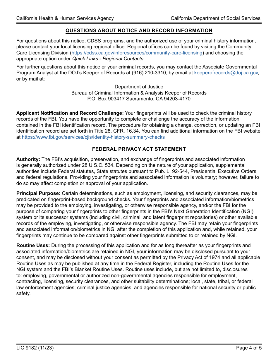 Form LIC9182 Criminal Background Clearance Transfer Request - California, Page 4