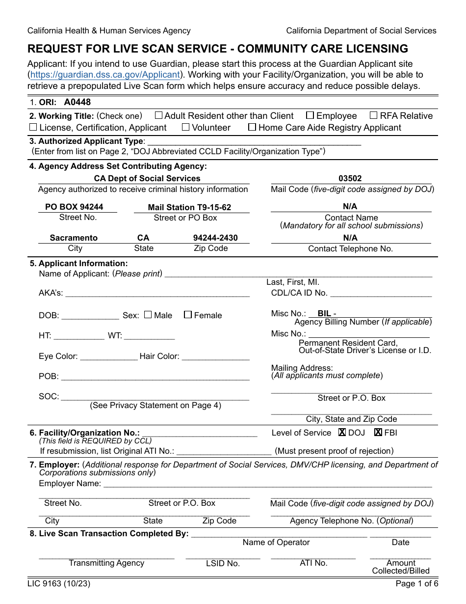 Form LIC9163 Request for Live Scan Service - Community Care Licensing - California, Page 1