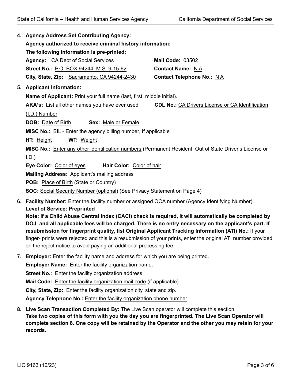 Form LIC9163 Request for Live Scan Service - Community Care Licensing - California, Page 3