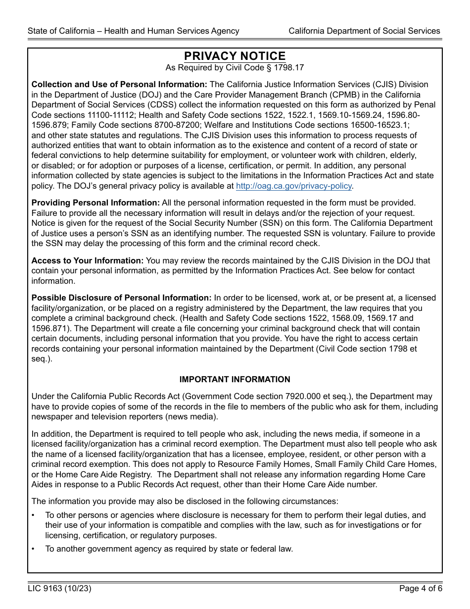 Form LIC9163 Request for Live Scan Service - Community Care Licensing - California, Page 4