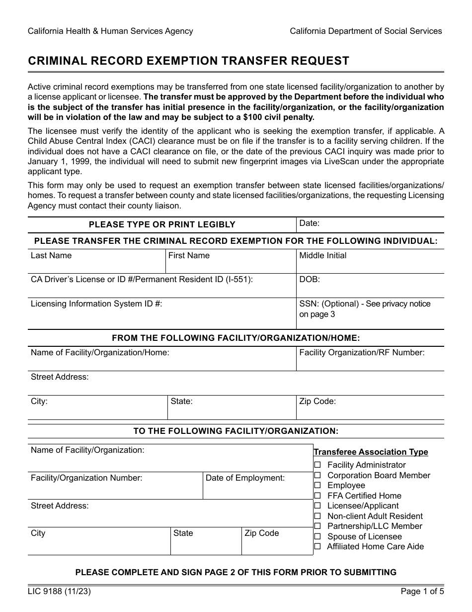 Form LIC9188 Criminal Record Exemption Transfer Request - California, Page 1