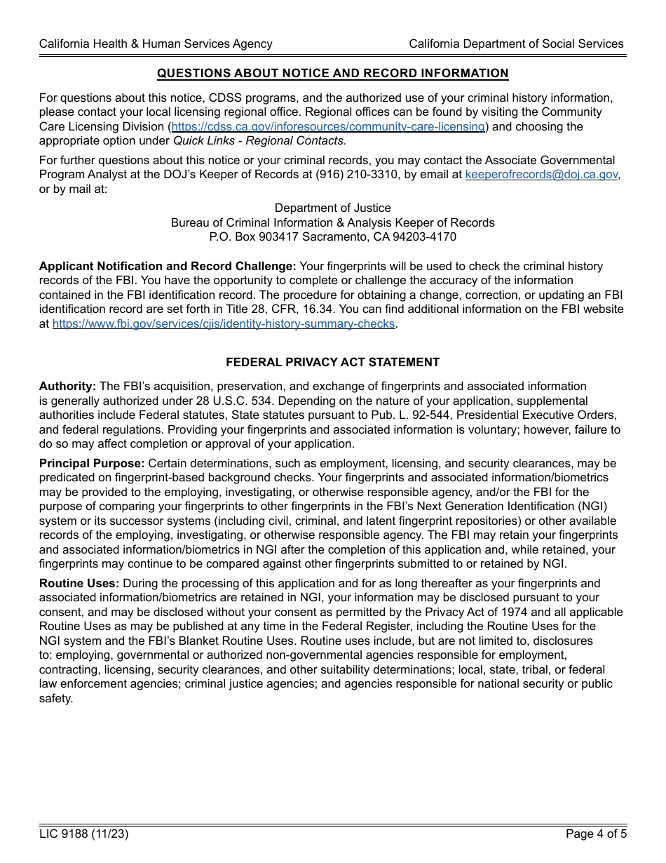 Form LIC9188 Criminal Record Exemption Transfer Request - California, Page 4