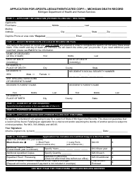 Document preview: Form DCH-0569-DX-AUTH Application for Apostilled/Authenticated Copy - Michigan Death Record - Michigan