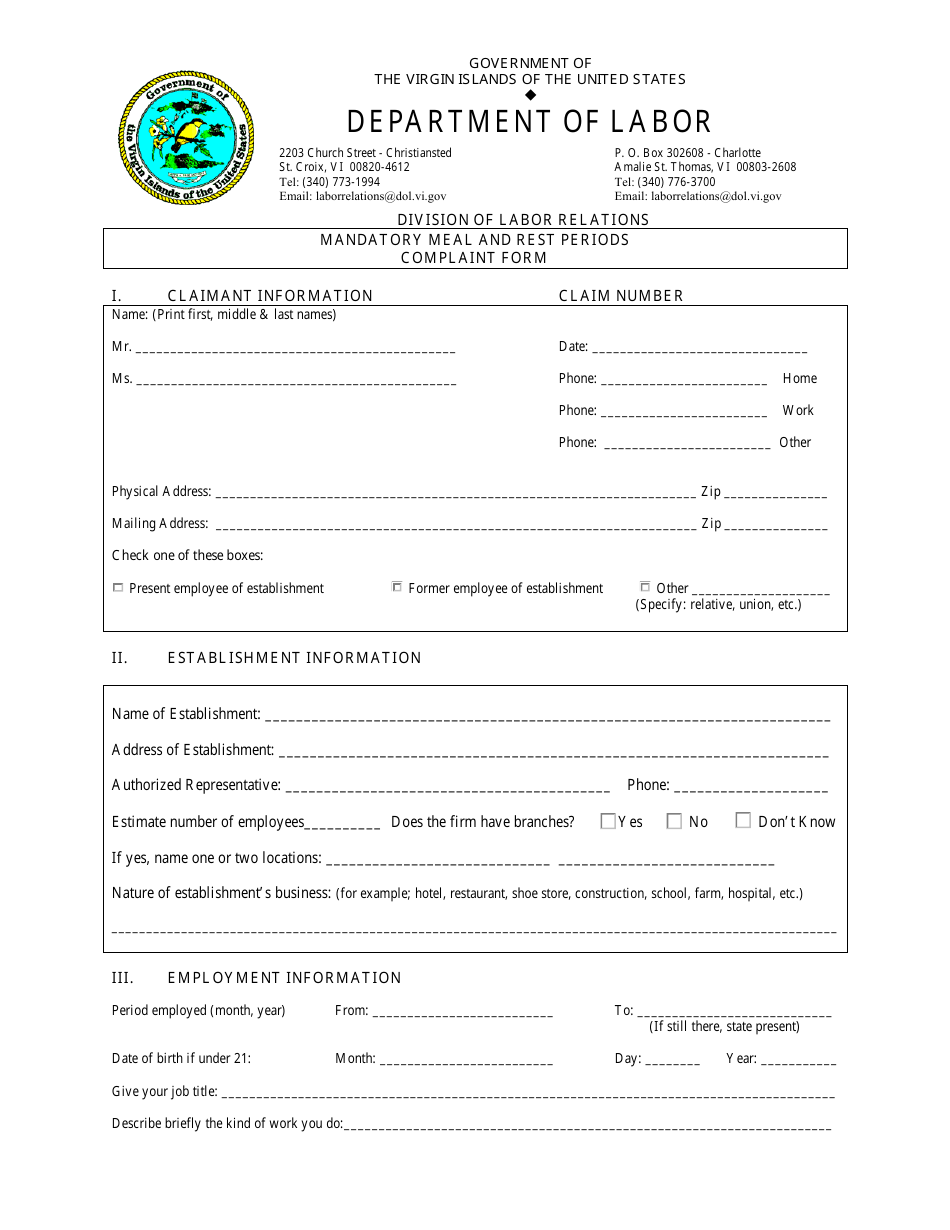 Mandatory Meal and Rest Periods Complaint Form - Virgin Islands, Page 1