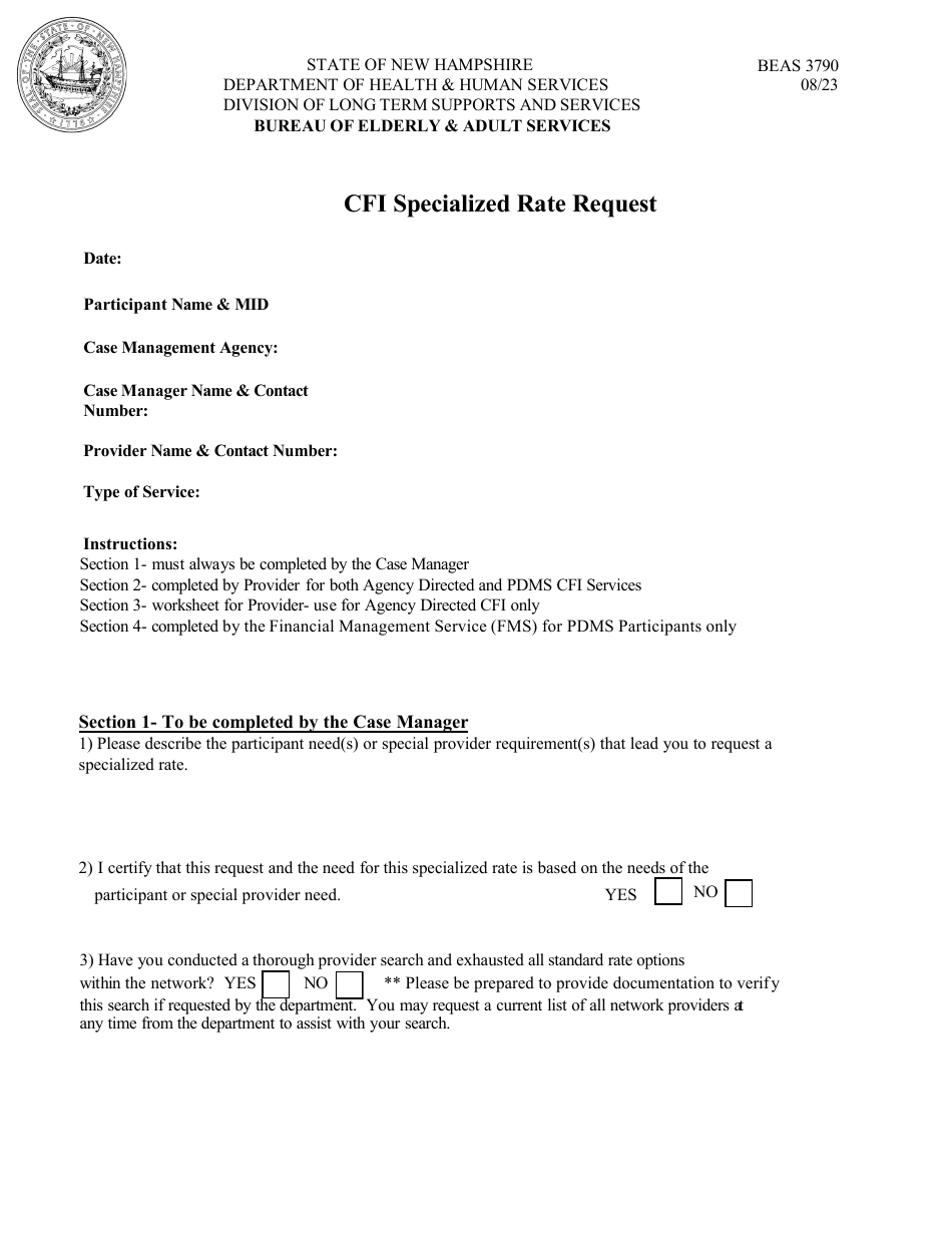 Form BEAS3790 Cfi Specialized Rate Request - New Hampshire, Page 1