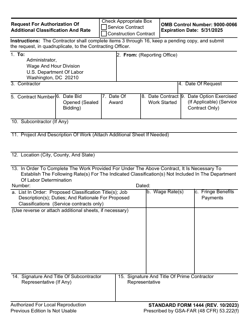 Form SF-1444 Request for Authorization of Additional Classification and Rate