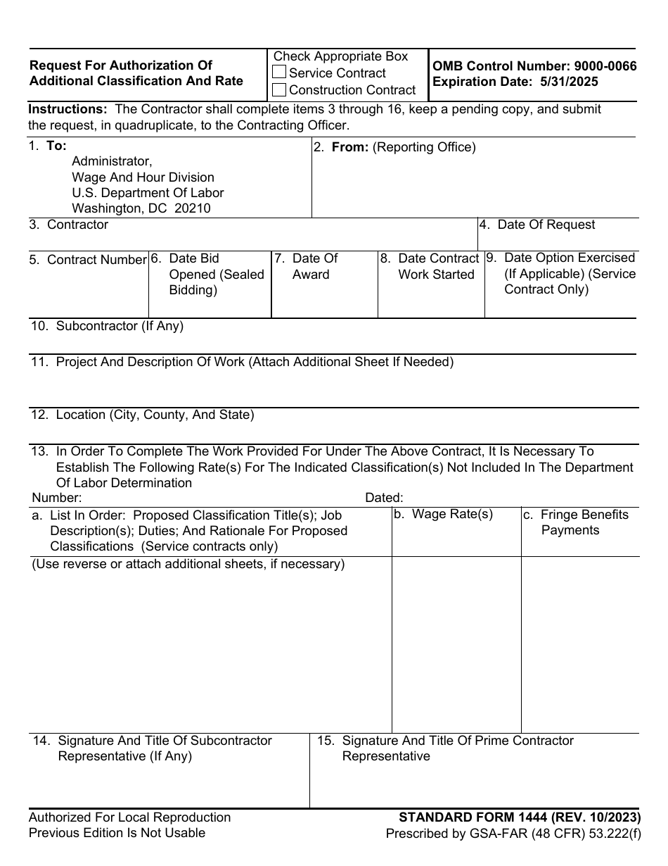 Form SF-1444 Request for Authorization of Additional Classification and Rate, Page 1