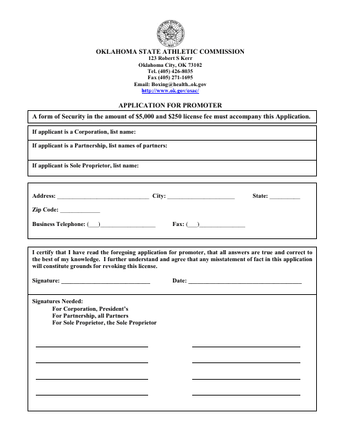 Application for Promoter - Oklahoma Download Pdf