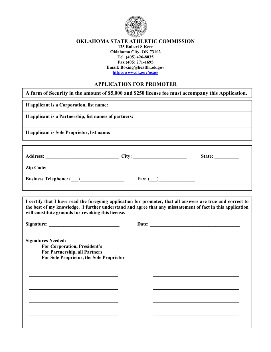 Application for Promoter - Oklahoma, Page 1