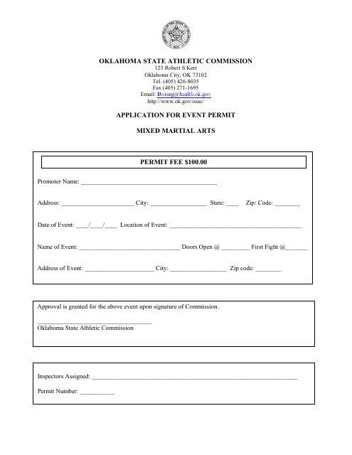 Application for Event Permit - Mixed Martial Arts - Oklahoma Download Pdf
