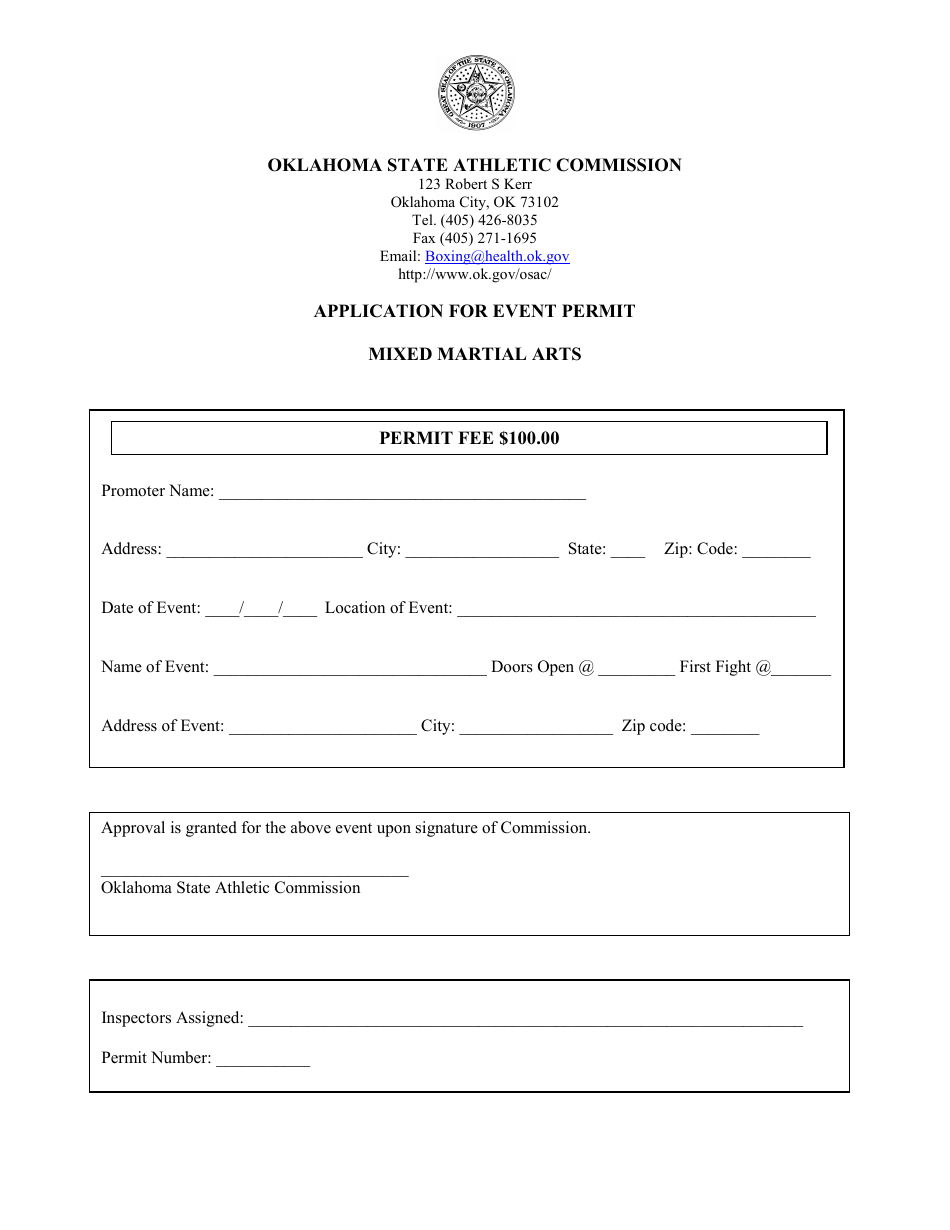 Application for Event Permit - Mixed Martial Arts - Oklahoma, Page 1