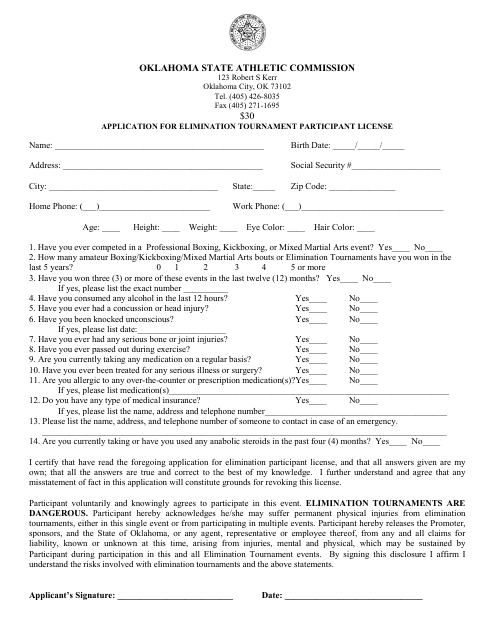 Application for Elimination Tournament Participant License - Oklahoma Download Pdf
