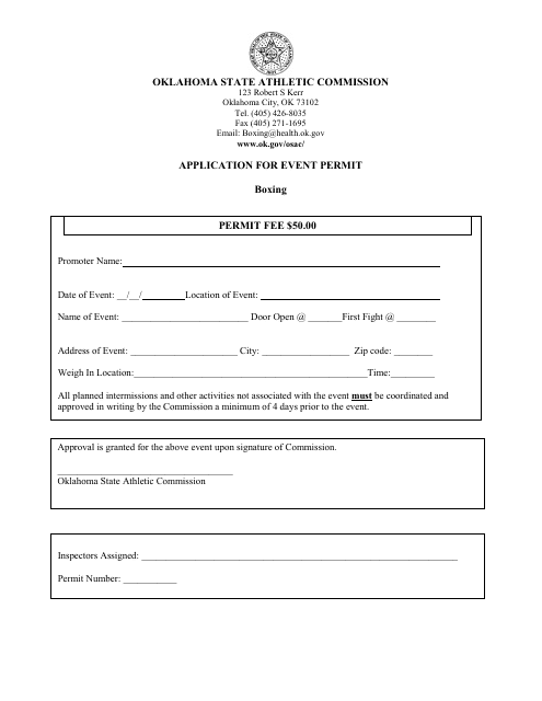 Application for Event Permit - Boxing - Oklahoma Download Pdf