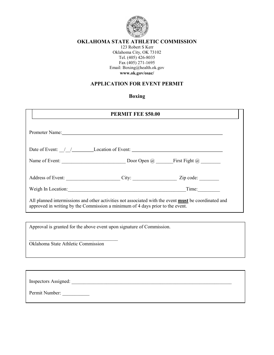 Application for Event Permit - Boxing - Oklahoma, Page 1