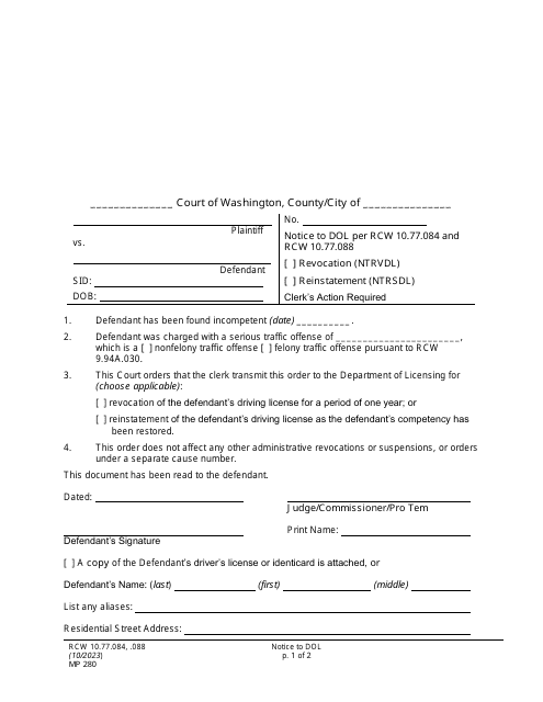 Form MP280 Notice to Dol Per Rcw 10.77.084 and Rcw 10.77.088 - Washington