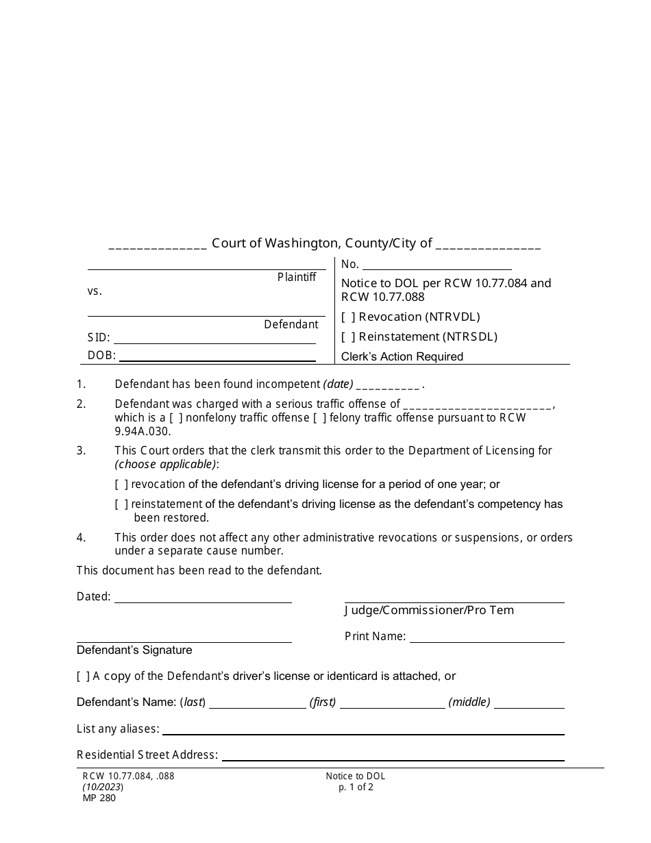 Form MP280 Notice to Dol Per Rcw 10.77.084 and Rcw 10.77.088 - Washington, Page 1