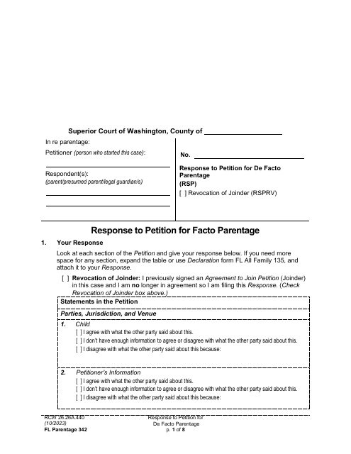 Form FL Parentage342 Response to Petition for Facto Parentage - Washington