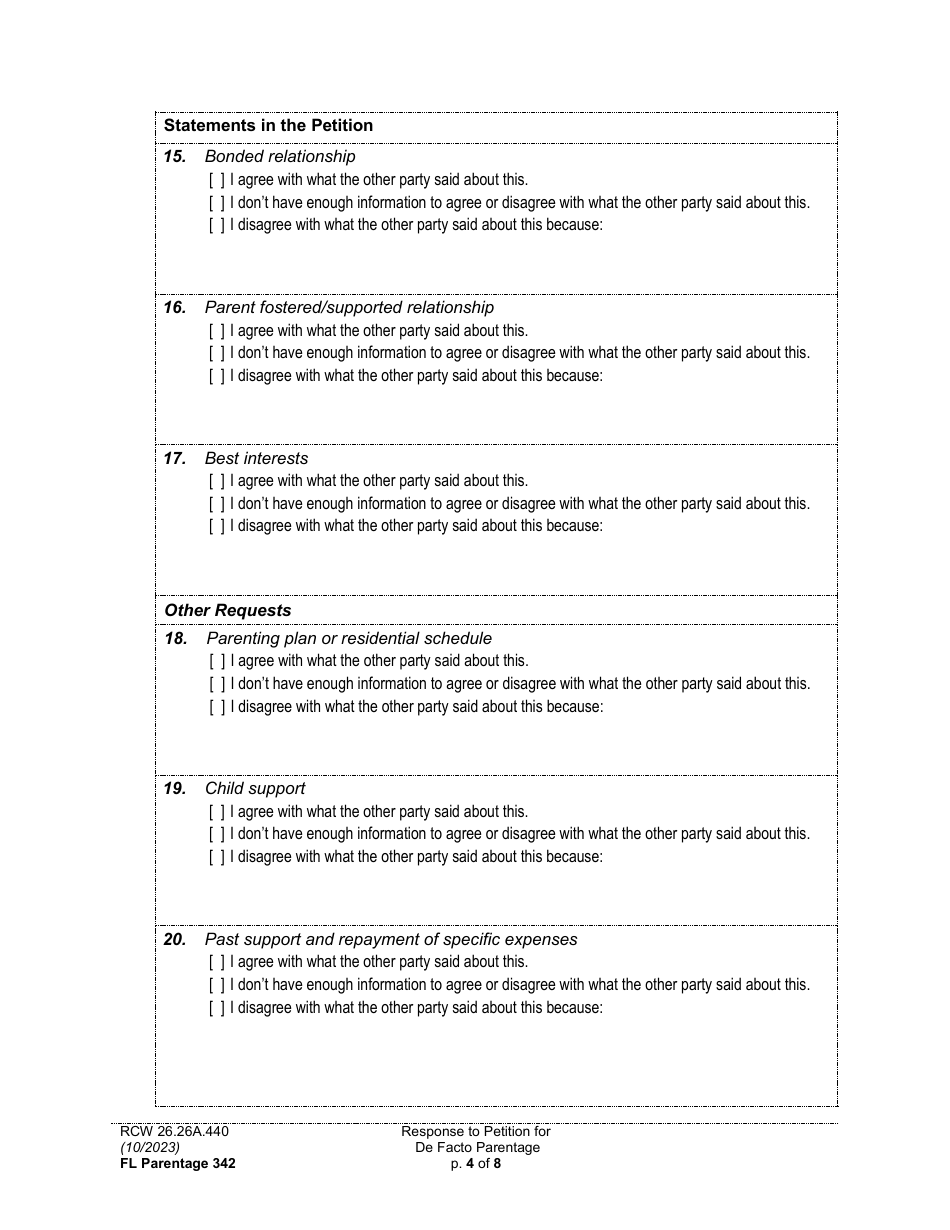 Form FL Parentage342 Response to Petition for Facto Parentage - Washington, Page 4