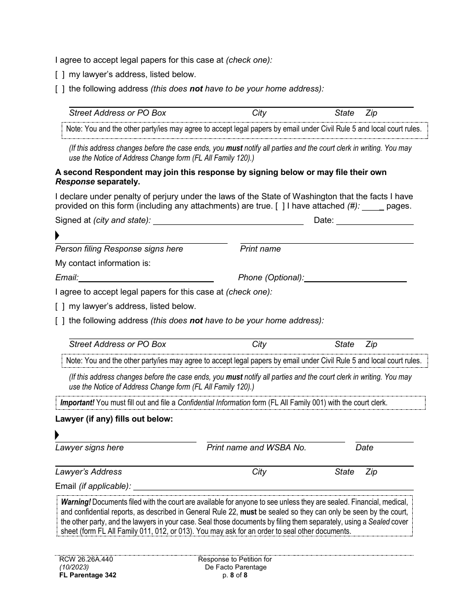 Form FL Parentage342 Response to Petition for Facto Parentage - Washington, Page 8