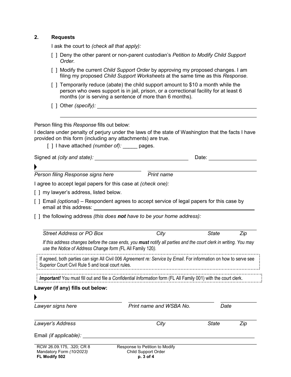 Form FL Modify502 Response to Petition to Modify Child Support Order - Washington, Page 3