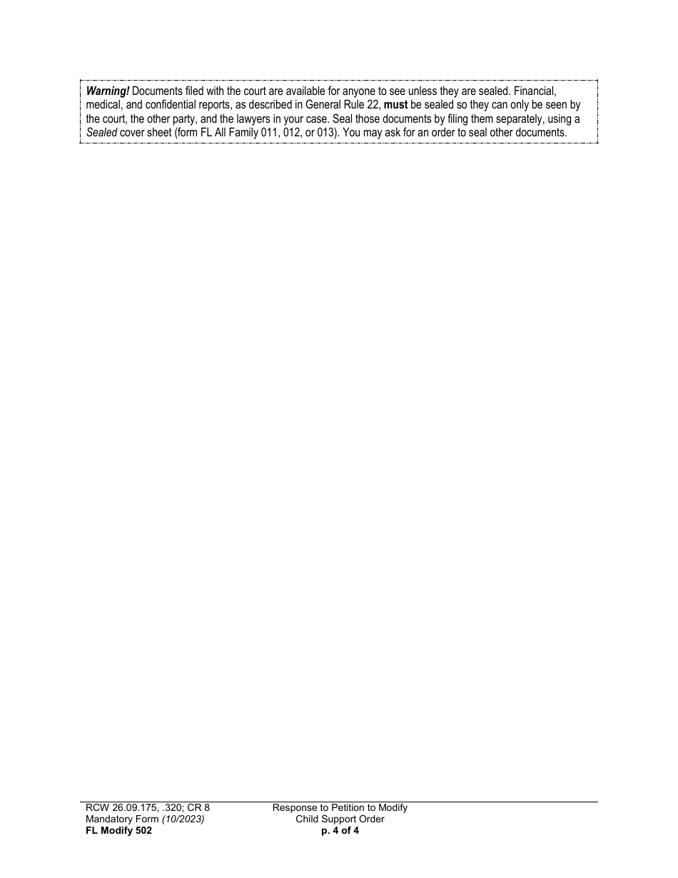 Form FL Modify502 Response to Petition to Modify Child Support Order - Washington, Page 4