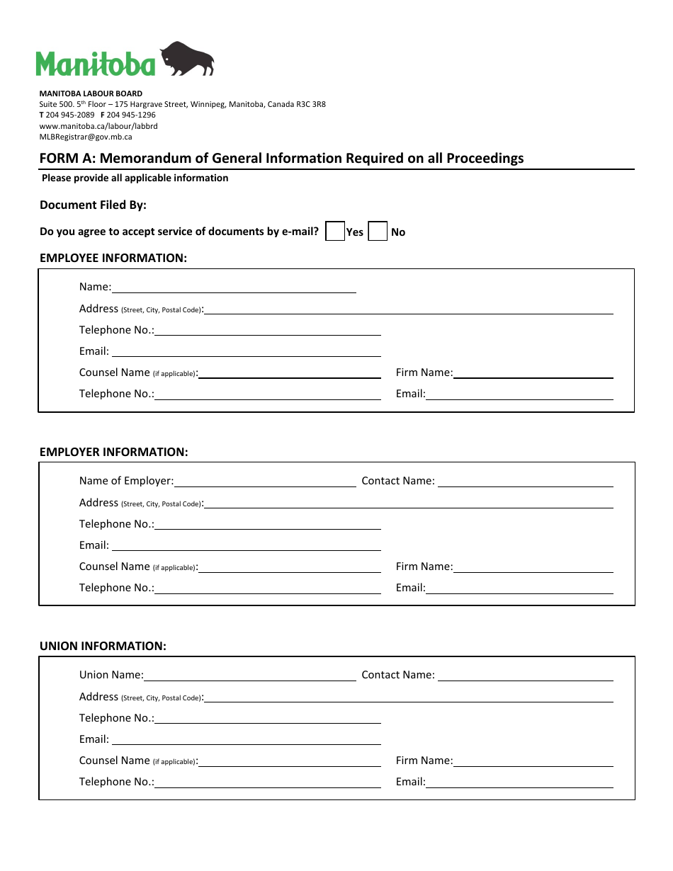 Form A Memorandum of General Information Required on All Proceedings - Manitoba, Canada, Page 1