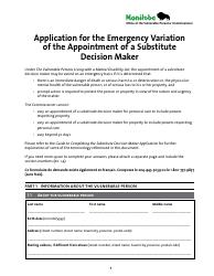 Document preview: Application for the Emergency Variation of the Appointment of a Substitute Decision Maker - Manitoba, Canada