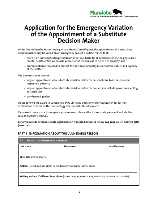 Application for the Emergency Variation of the Appointment of a Substitute Decision Maker - Manitoba, Canada Download Pdf