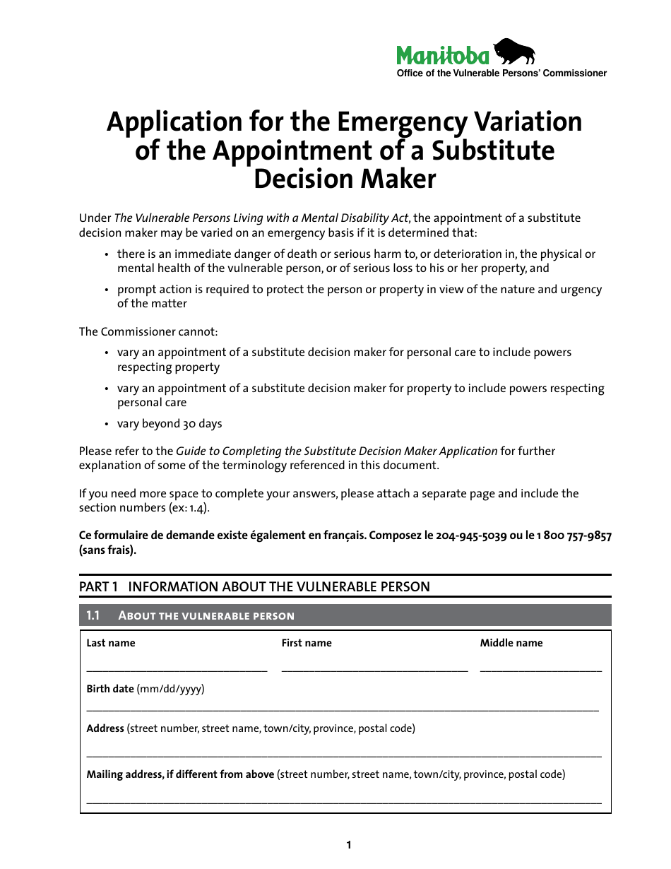 Application for the Emergency Variation of the Appointment of a Substitute Decision Maker - Manitoba, Canada, Page 1