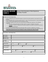 Special Review Form G Review of the Evaluation of Work Experience for Salary Purposes - New Brunswick, Canada