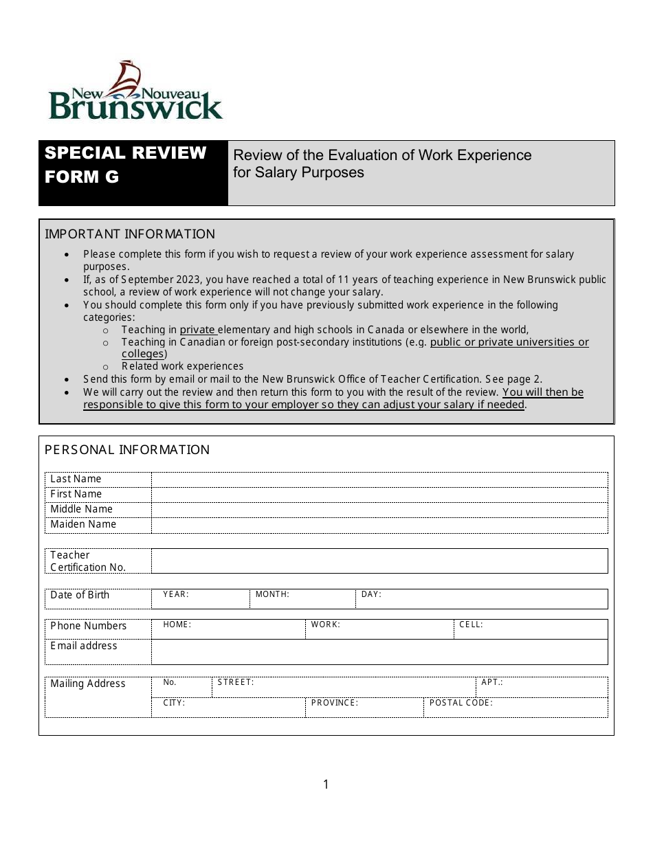 Special Review Form G Review of the Evaluation of Work Experience for Salary Purposes - New Brunswick, Canada, Page 1