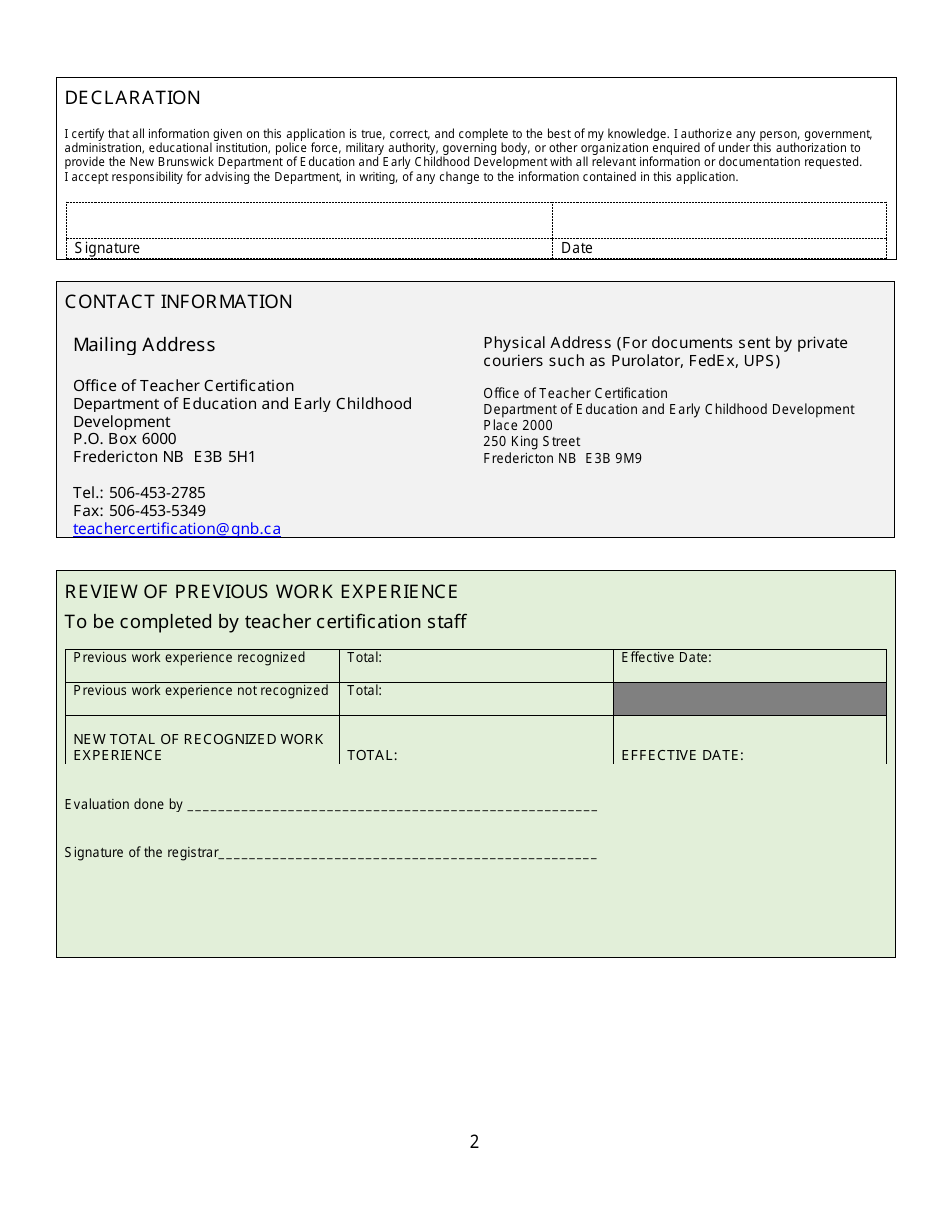 Special Review Form G Review of the Evaluation of Work Experience for Salary Purposes - New Brunswick, Canada, Page 2