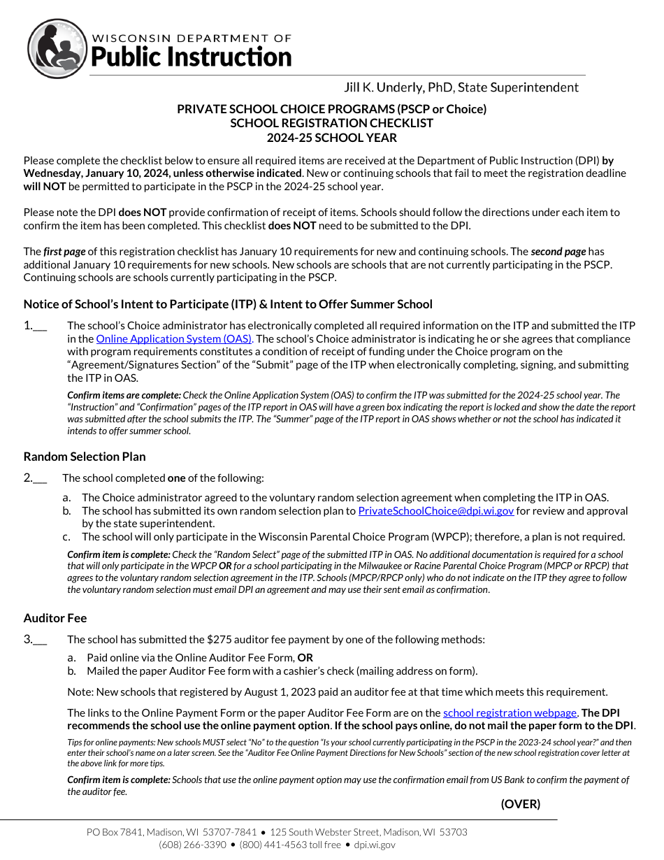 Private School Choice Programs (Pscp or Choice) School Registration Checklist - Wisconsin, Page 1